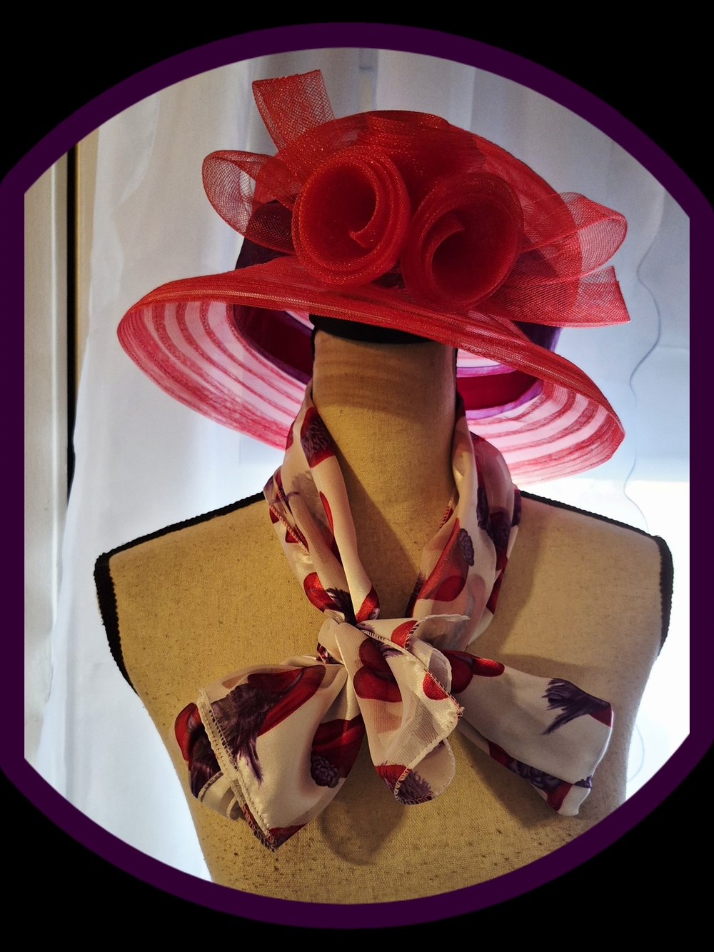 Classic Red Hat Society Sheer Mesh Floral Church/Derby Hat with Matching Scarf